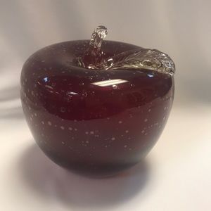 Large Hand Blown Red‎ Glass Apple with Applied Clear Glass Stem & Leaf